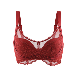 大杯罩大胸显小内衣女士性感蕾丝调整型收副乳防下垂胸罩红色文胸