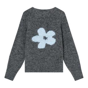 Jamor加墨时尚圆领大花朵简约毛针织衫毛衣紫色女上衣2025冬新