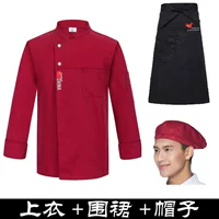 Красный лонгслив, фартук, шапка