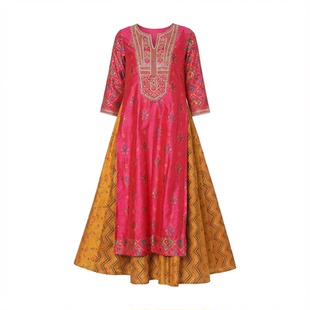 B4-2-3印度服饰女刺绣印花民族风连衣裙假两件长裙圆V领格格裙