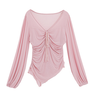 胖mm大码绝美春装网纱系带显瘦长袖衬衣女2026早春别致很仙的上衣