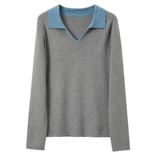 若潮大码女装2026春季新款Polo领针织衫修身显瘦花灰撞色胖MM