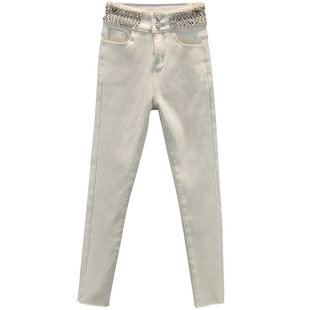 白色加绒加厚牛仔裤女潮冬季新款高腰修身显瘦欧洲站水钻小脚长裤