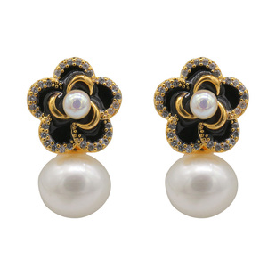 黑白玫瑰新无耳洞硅胶耳夹天然淡水珍珠耳钉滴釉耳环通勤质感耳饰
