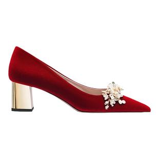 婚鞋女冬季新娘鞋秀禾主婚纱两穿粗跟不累脚孕妇中式酒红色高跟鞋
