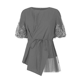 【sdeer奥莱】圣迪奥女装圆领绣花网纱收腰不规则衬衫S242Z0429