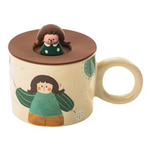 网红漫画复古茶杯女士精致好看咖啡杯两用陶瓷高级设计感小众带盖