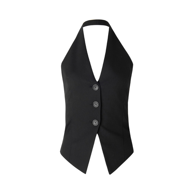 ourhour 知识分子 黑色白色条纹V领挂脖西装马甲女设计感露背上衣