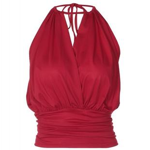 shemoda度假风交叉V领挂脖吊带背心女性感辣妹露背褶皱收腰短上衣