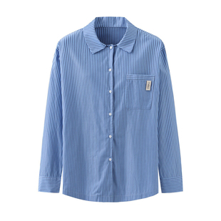 高级天丝棉丝滑长款男衬衫式睡衣蓝色条纹宽松欧美风家居服套装裤