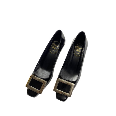 单鞋优雅方头金属方扣粗跟浅口鞋