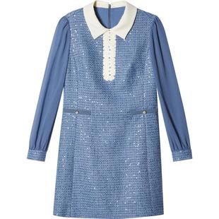 【春季热卖】诗篇专选冬撞色翻领泡泡袖珠片粗花呢小香风连衣裙