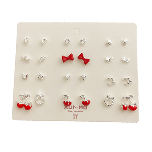 秋冬新款酒红色系耳钉套装女小巧复古安卡拉红耳环百搭精致耳饰潮