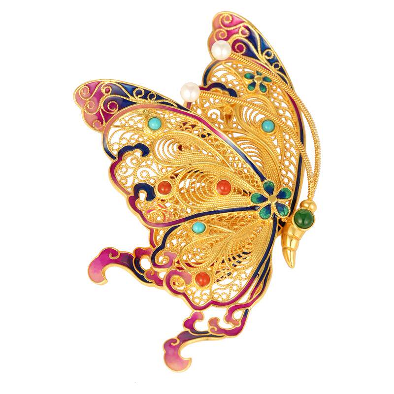 蝴蝶银鎏金胸针非遗花丝镂空多宝珐琅彩多层新中式国风珍珠银胸花