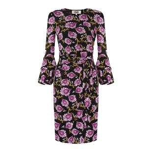 [女神节]DVF2026早春新款绽放花朵荷叶袖弹力网纱连衣裙DL4T013