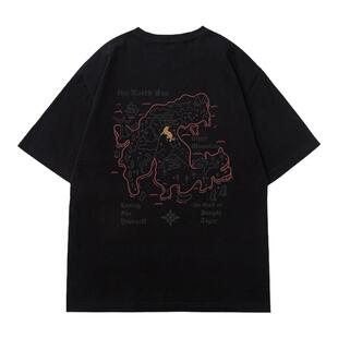 丛林老虎涂鸦地图纯棉T恤男2026夏季街头bf风设计感小众圆领短袖