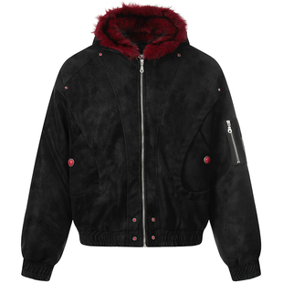 OV原创美式复古座山雕毛领连帽棉服女冬季宽松PU皮加厚棉衣外套男