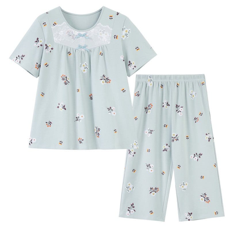 夏季带胸垫睡衣女纯棉短袖七分裤睡衣/家居服套装
