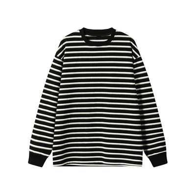 加绒厚款条纹圆领长袖T恤男加肥加大码潮流胖子宽松日系百搭春冬