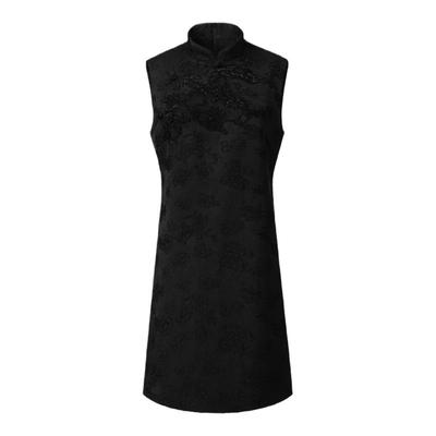 VGRASS钉珠绣花斜襟无袖连衣裙