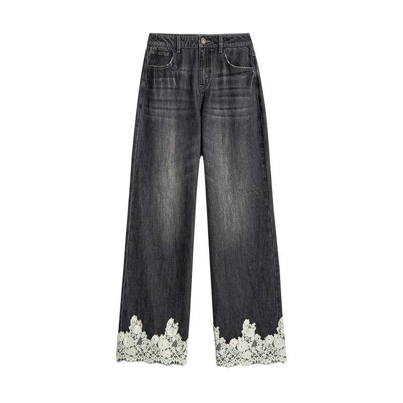 Desigual26秋冬新品灰黑渐变水洗裤脚波浪蕾丝宽松女式牛仔裤