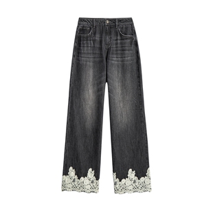 Desigual26秋冬新品灰黑渐变水洗裤脚波浪蕾丝宽松女式牛仔裤