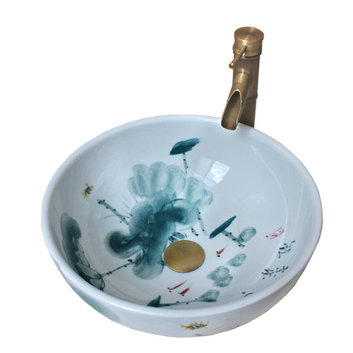 卫生间陶瓷仿古风中式台上盆洗手盆阳台复古洗面盆艺术洗脸盆圆形