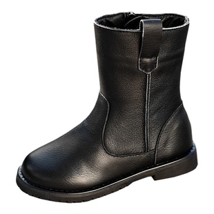 贝然真皮黑色男女童靴子中筒儿童马丁靴秋冬长筒靴中大童皮靴棉靴