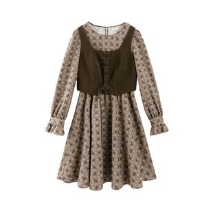 PIT复古设计感两件套连衣裙女春装新款小众显瘦碎花长袖裙子