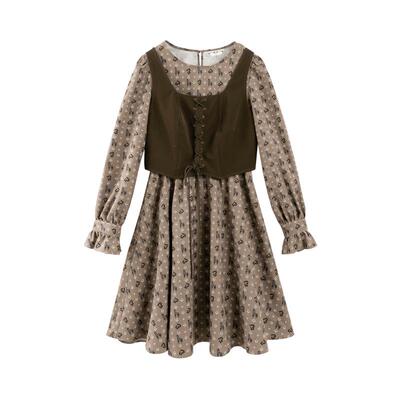 PIT复古设计感两件套连衣裙女春装新款小众显瘦碎花长袖裙子