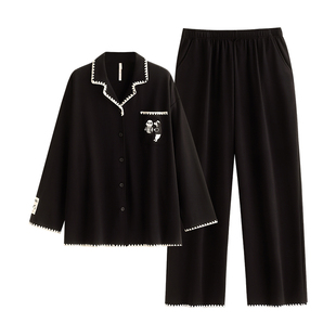 悦内情侣睡衣女士春秋季纯棉长袖家居服男款大码开衫黑色熊猫