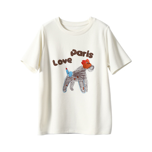 淘么淘【童心未泯】舒适柔弹双面磨毛字母线条狗狗刺绣短袖T恤女