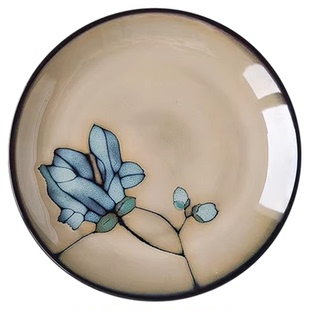 二郎家【到手2个】手绘花卉陶瓷盘子家用圆形餐盘设计感复古餐具