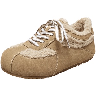 意尔康女鞋2025冬季女士毛毛鞋加绒保暖棉鞋休闲内增高复古德训鞋