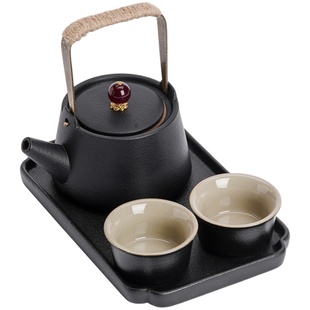 黑陶功夫茶具一壶二杯日式简约提梁壶干泡茶盘家用旅行禅意小套装