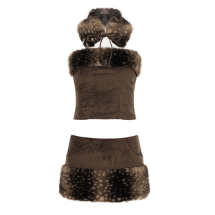 DARLINGAGA美式辣妹风毛毛拼接时尚套裙女绑带围脖抹胸+包臀短裙