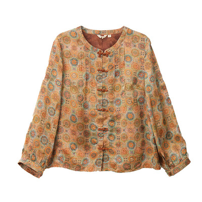 布符新中式年秋季新品锦绣团花纹灯笼袖花扣上衣手工盘扣女装