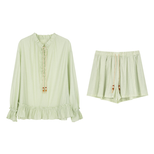 BLUEerror 轻薄绑带花边领白色长袖衬衫女法式荷叶边衬衣早秋罩衫