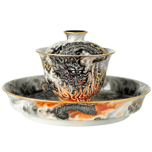 圣山粉彩矾红《墨龙烈焰》吐火描金陶瓷盖碗茶具手工陶瓷泡茶盖碗