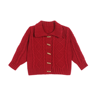 小O爸男婴童 宝宝红色毛衣冬季复古中国风新年开衫婴儿翻领拜年服