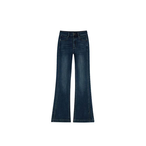 深蓝色开叉微喇牛仔裤女秋冬新款胖妹妹mm梨型身材高腰显瘦喇叭裤