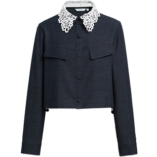 红袖商场同款HOPESHOW2025秋新款女装钩花翻领正肩单排扣短款外套