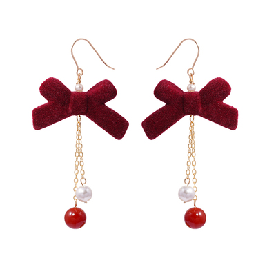 红色丝绒蝴蝶结耳环韩版气质