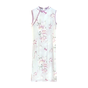 兰月【自制款】水墨牡丹无袖新中式旗袍大码胖mm清冷感连衣裙少女