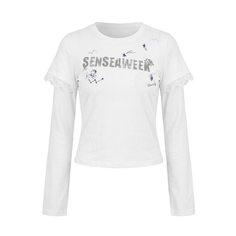 SENSEAWEEK26秋季新品修身拼接蕾丝长袖彩蛋涂鸦小飞袖假两件T恤