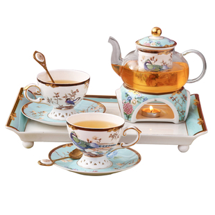 国潮花草茶具玻璃壶带过滤蜡烛加热底座骨瓷咖啡杯碟下午茶壶套装