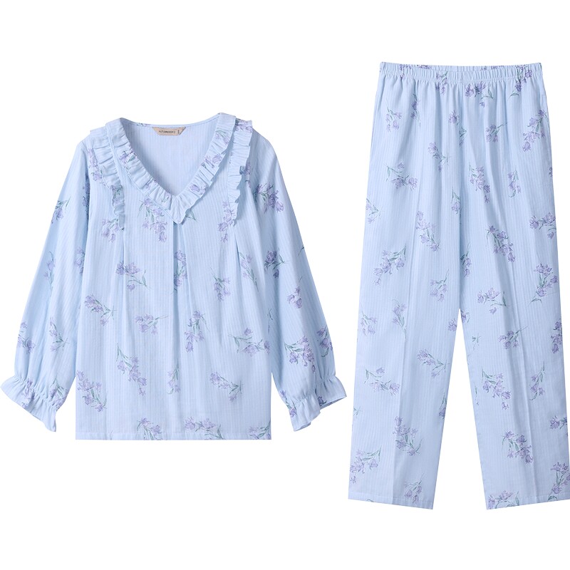 秋鹿梭织棉睡衣女款夏季薄款简约v领长袖长裤纯棉家居服春夏套装
