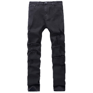 欧美高街膝盖大破洞牛仔裤潮流男士弹力修身小脚裤权志龙GD同款裤