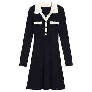 YINER音儿专选2025冬季新款法式优雅撞色波浪边饰翻领针织连衣裙