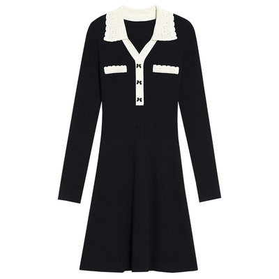 YINER音儿专选2025冬季新款法式优雅撞色波浪边饰翻领针织连衣裙